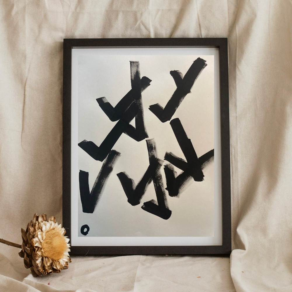OMAN Original Abstract Painting 8.5x11 Minimalist Black White Expressionist Art
